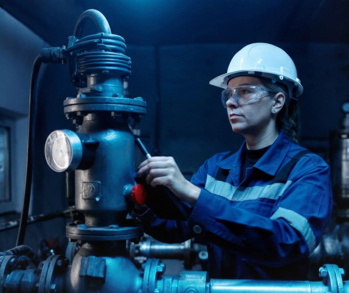 Factory worker in blue uniform and hard hat operating a large industrial lathe in a machine shop