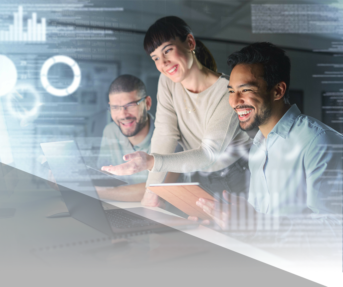 three people sitting at desk with tech overlay