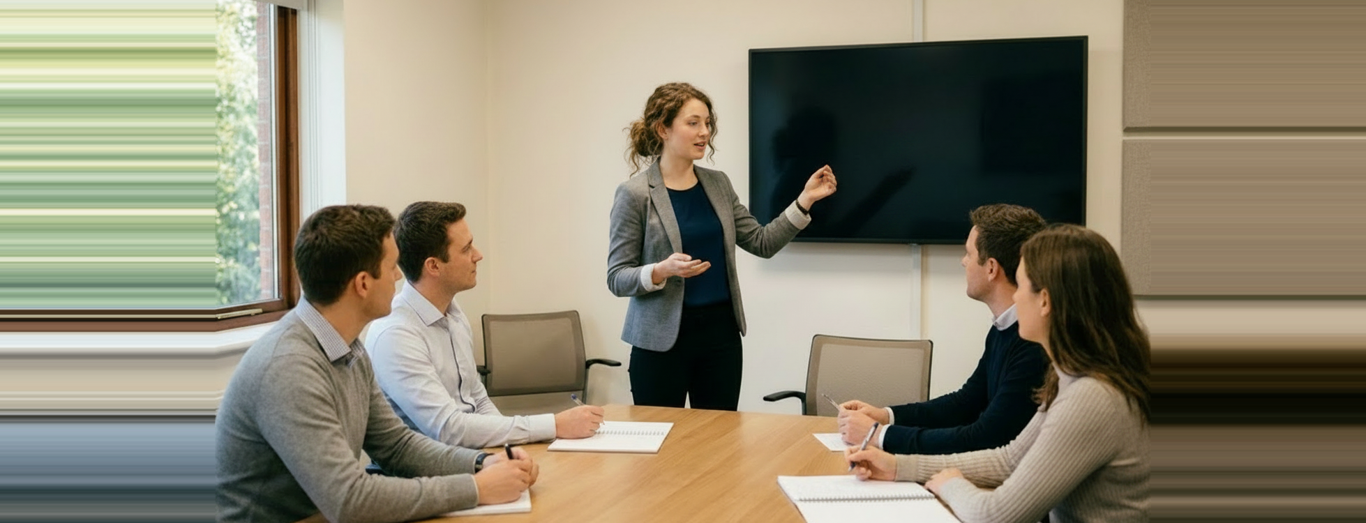 A woman standing at the head of a boardroom table gestures toward a blank wall-mounted screen while four seated colleagues take notes.
