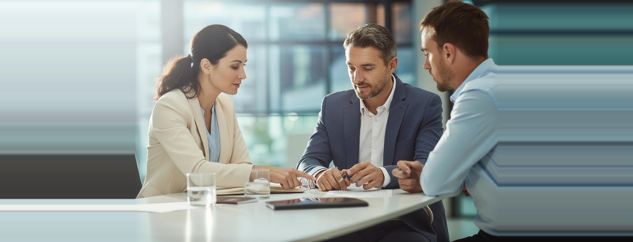 Three colleagues leaning over a conference table in a bright office, reviewing printed pages and notes together.